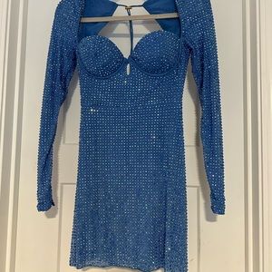 Oh Polly cobalt blue corset open back long sleeve mini dress